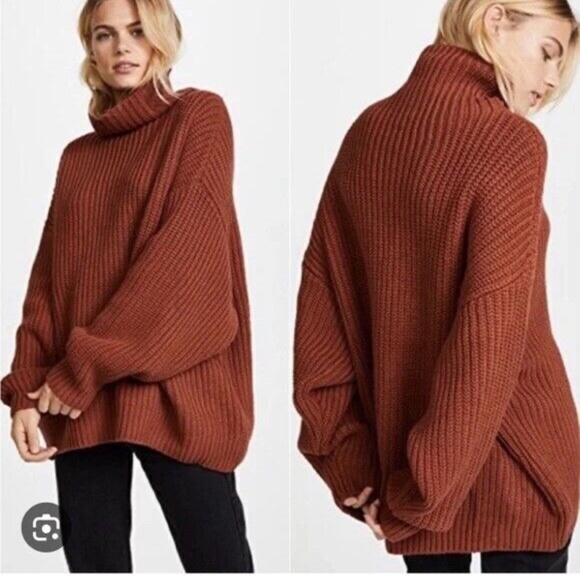 Free People Sweaters - Free People Swim Too Deep Turtleneck Sweater L Oversized Fisherman Rust Boho